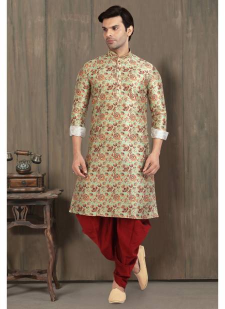 Green Colour New Designer Function Wear Banarasi Silk Kurta Peshawari Mens Collection 1239